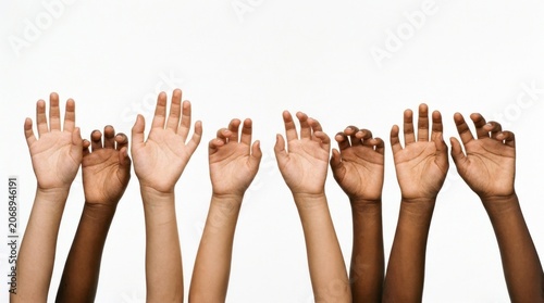 Multicultural youth hands reaching upward in studio light on white background for global diversity and nonprofit advertising