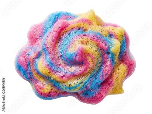 Colorful bath foam swirl isolated on white background in sharp macro studio photography for cosmetic branding