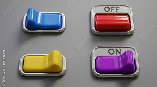 Rocker switches positioned on a metallic interface with on and off indicators in macro detail for electrical engineering marketing