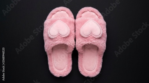 Pink plush heart slippers resting on a dark background with soft top-down lighting for feminine sleepwear retail marketing