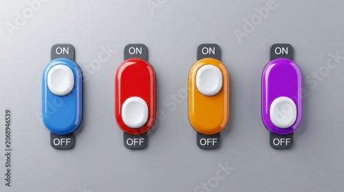 Toggle switches in various colors aligned on a gray control panel with sharp macro focus for user interface and technology marketing