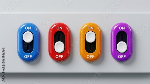 Multi-colored toggle switch units aligned on a gray control panel in clean studio lighting for industrial interface design and engineering manuals