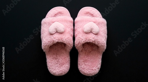 Soft plush pink slippers with heart embroidery centered on a black studio background in a minimalist top-down view for fashion retail