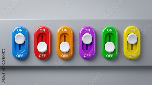 Multicolor slide switches mounted on a sleek gray panel in various on-off states for technology infrastructure and automation systems advertising