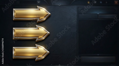 Gold arrow icons pointing right on dark slate surface in cinematic studio photography for gaming user interface design