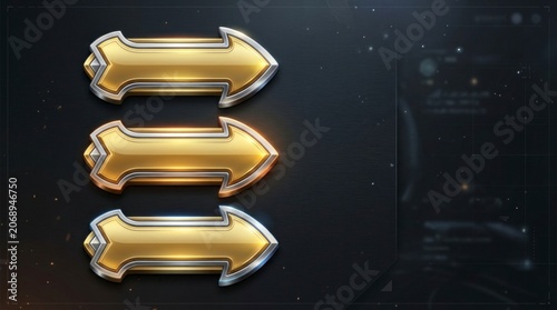 Ornate gold direction indicators positioned on a sleek black tech background with cinematic lighting for software interface development