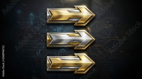 Metallic arrow icons aligned on a dark technical surface with sharp macro focus for mobile gaming interface design