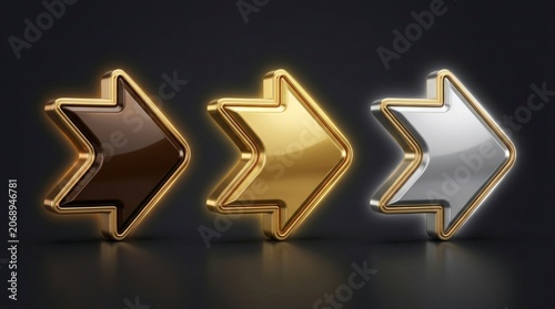 Directional navigation icons in bronze gold and silver finishes glowing on a dark surface for mobile game interface design