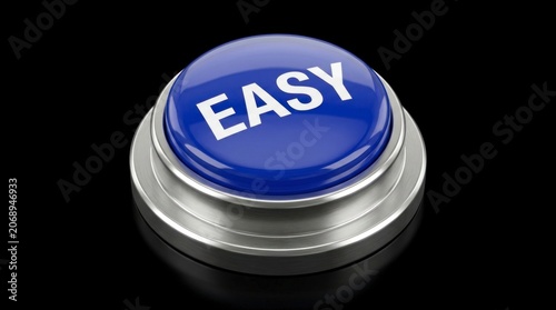Blue easy button resting on a metallic base against black background with sharp macro focus for business efficiency marketing