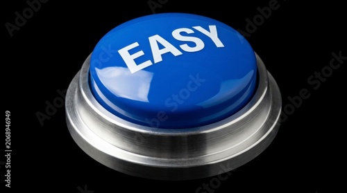Glossy blue easy button positioned on a dark background with sharp macro focus for problem solving and business simplicity marketing campaigns