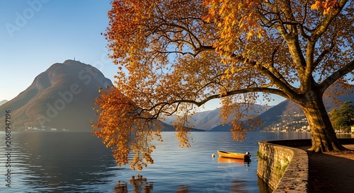Tranquil lake scene with autumn tree and distant mountain under clear sky