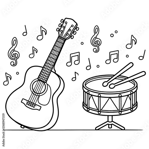 Acoustic guitar and snare drum with drumsticks surrounded by musical notes black and white coloring page