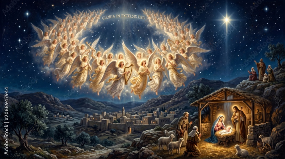 Naklejka premium Nativity scene with baby Jesus, Mary and Joseph in a stable under the star of Bethlehem. Singing angels in the night sky. Biblical religious illustration for Christmas celebration.