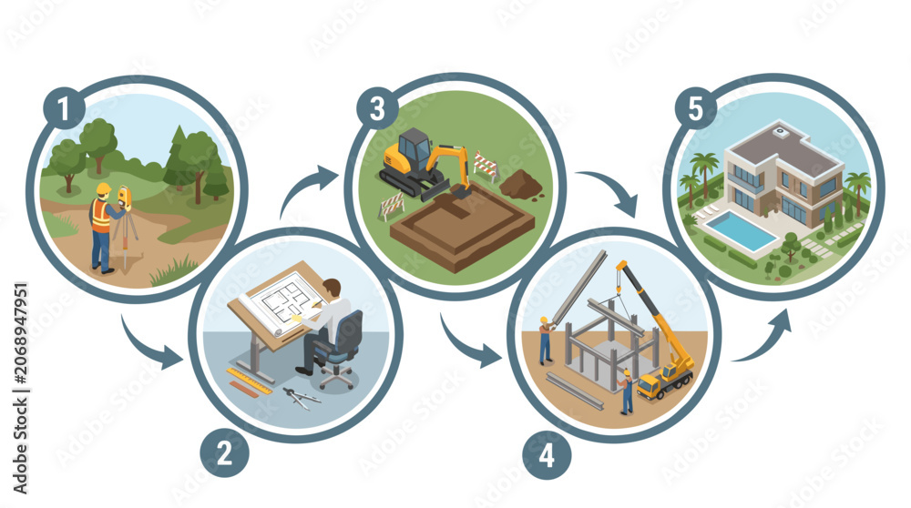 Fototapeta premium Construction process stages from planning to completion.