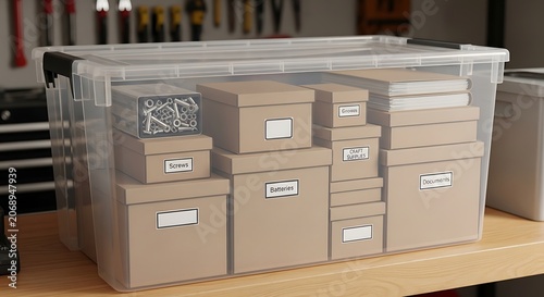Transparent storage bin filled with various sized cardboard boxes and hardware