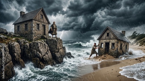Wise man standing on a rock cliff and foolish man pushing house on sand during storm. Biblical parable of the wise and foolish builder. Metaphor for foundation and spiritual wisdom.