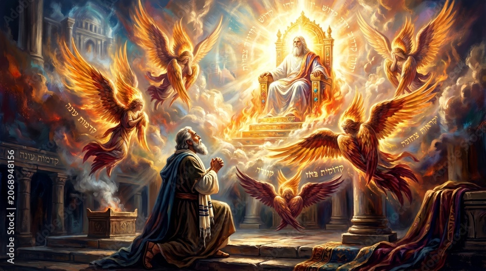 Naklejka premium Elderly man praying before God sitting on golden throne in heaven. Biblical scene with winged angels surrounding divine light. Spiritual religious concept of faith and worship illustration.