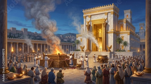 Ancient Jewish priests performing sacrifice on altar before Jerusalem temple. People gathered in courtyard for prayer and worship. Historical biblical scene, religious ritual, faith tradition.