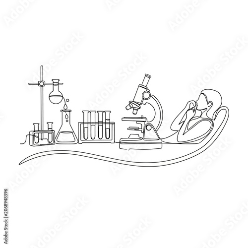Continuous line art illustration of a scientist in a lab with equipment