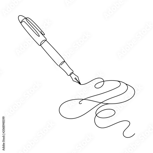 Continuous line art illustration of a fountain pen drawing on white