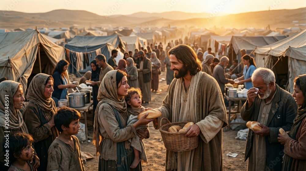 Fototapeta premium Jesus feeding hungry refugees with bread in a camp. Compassionate man sharing food with poor woman and child. Humanitarian aid in crisis zone. Symbolic religious scene of kindness.