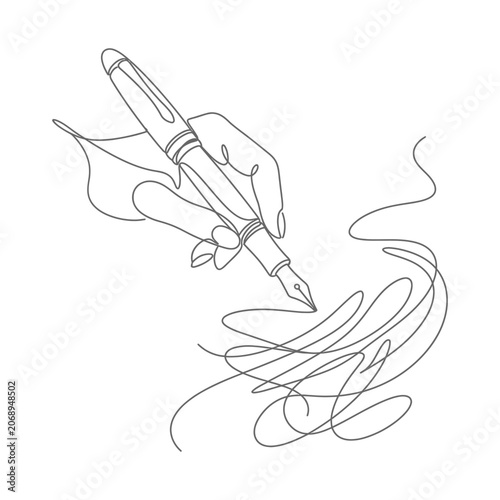 Continuous line art of hand holding a fountain pen, creating a scribble