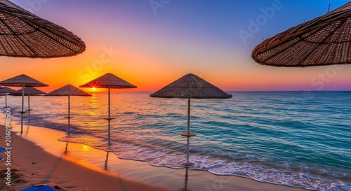 Tropical beach paradise sunset with umbrellas and ocean waves