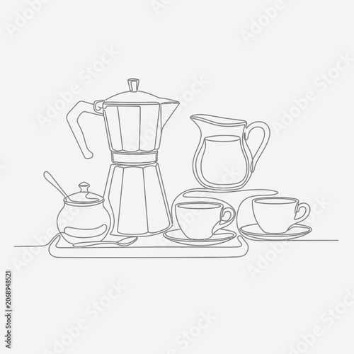Continuous line art of coffee setup, simple linear cafe illustration