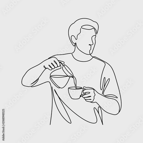 Continuous line art of person pouring coffee into a cup