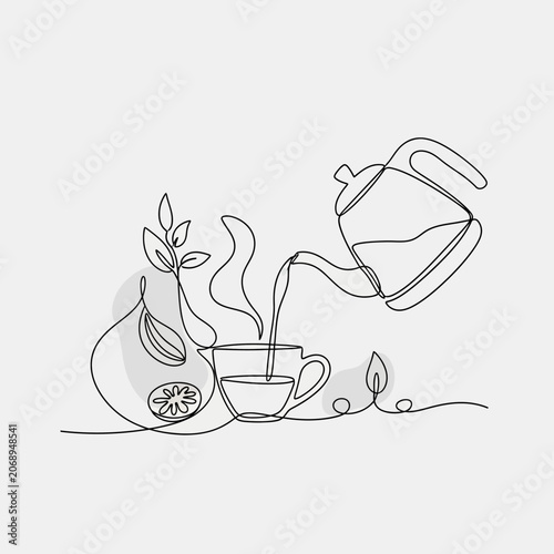 Continuous line art tea pour with lemon and leaves