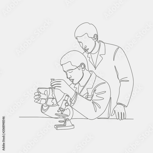 Continuous line art of scientists experimenting in a lab