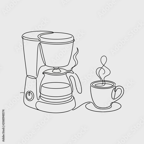 Continuous Line Drawing: Coffee Maker, Steaming Mug, Minimalist Art