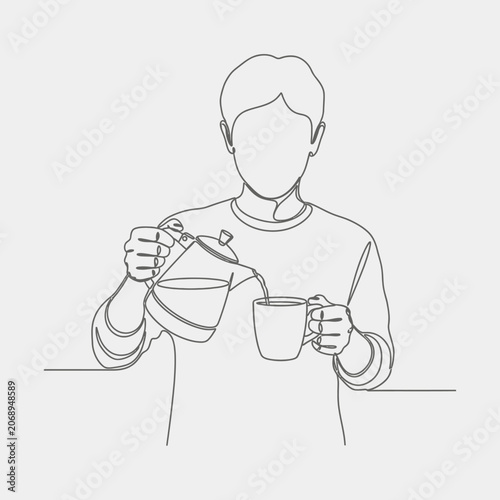 Continuous line drawing of a person pouring hot beverage into a mug.