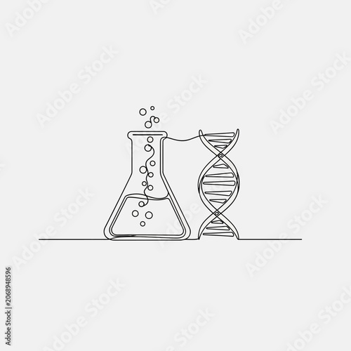 Continuous line drawing of a flask and DNA symbol