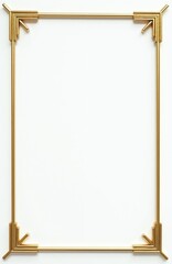 Thin gold metal rectangular frame with geometric corner details. Clean minimalist design on white background. Empty space for text. Luxury elegant border.