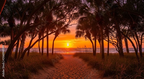 Tropical beach pathway to ocean sunset through palm trees
