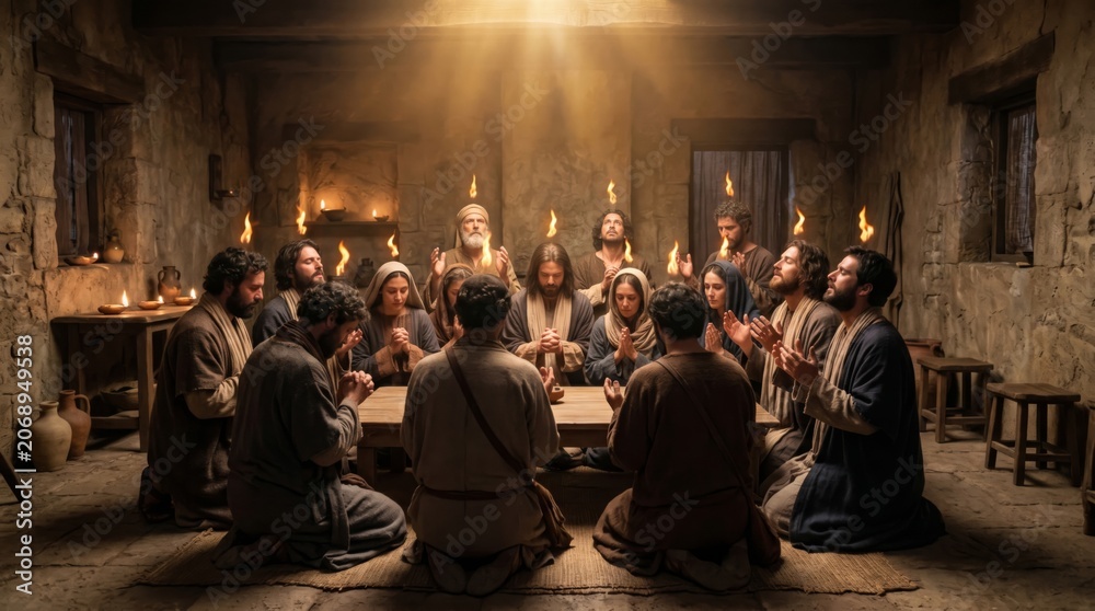 Fototapeta premium Group of middle eastern men and woman kneeling in prayer in ancient room. Biblical scene depicting the Pentecost with tongues of fire above heads. Religious faith and spiritual gathering.