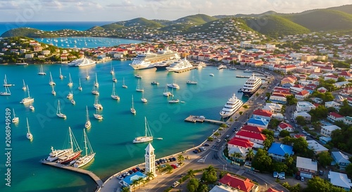 Tropical harbor with cruise ship and sailboats under blue sky