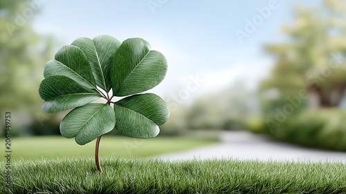 A close-up of a healthy green clover leaf growing in grass, with a blurred natural background of trees and sky.