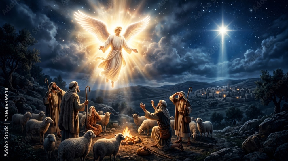 Obraz premium Angel appearing to shepherds in a field near Bethlehem. Biblical scene of the Nativity announcement. Religious illustration of light, faith, holy spirit, and divine miracle at night.