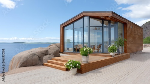 A modern wooden cabin with large glass windows overlooks a scenic lake and rocky landscape under a partly cloudy sky.
