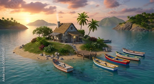 Tropical island paradise with small hut and boats at sunset