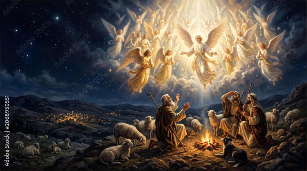 Naklejka premium Angels appearing to shepherds in the night sky. Biblical scene depicting the divine announcement of Christmas. Religious history and spiritual miracle concept with bright celestial light.