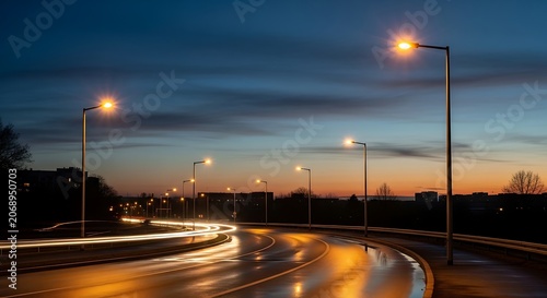 Twisting road at dusk with streetlights and motion blur lights