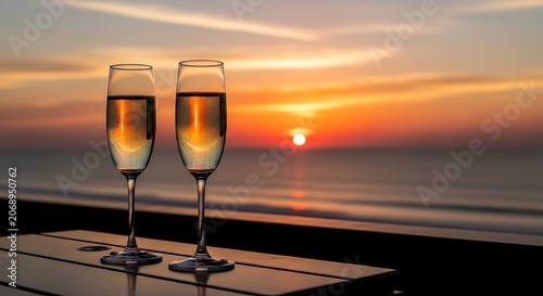 Two champagne flutes on table with ocean sunset background celebratory drink