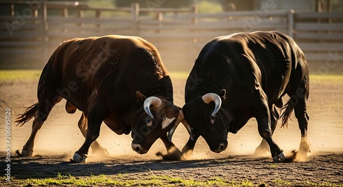 Two powerful bulls charging at each other in dusty arena during golden hour sunlight