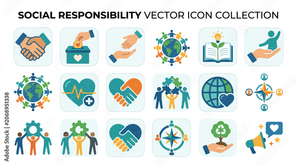 Fototapeta premium Social responsibility vector icons collection for eco friendly business and community.