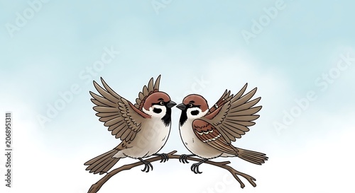 Two small birds perched on a branch against a soft blue sky