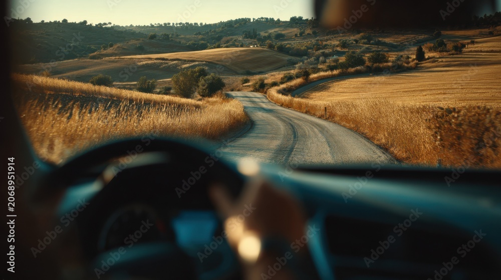 Obraz premium Medium shot of a student steering carefully through a winding rural road bordered by golden farmland with the car in sharp focus and fields softly blurred.
