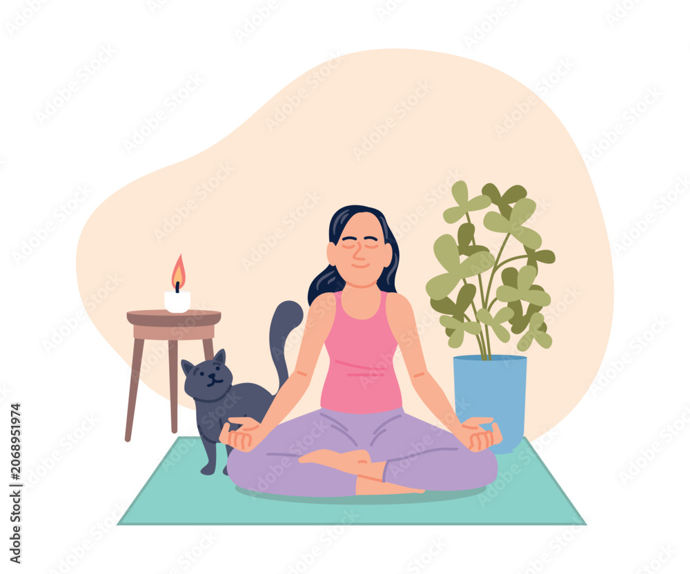 Obraz premium Meditation with cat. Girl sit in relaxing pose. Keep calm, relax and meditate. Female character with cute kitten, home workout, recent vector scene original artwork